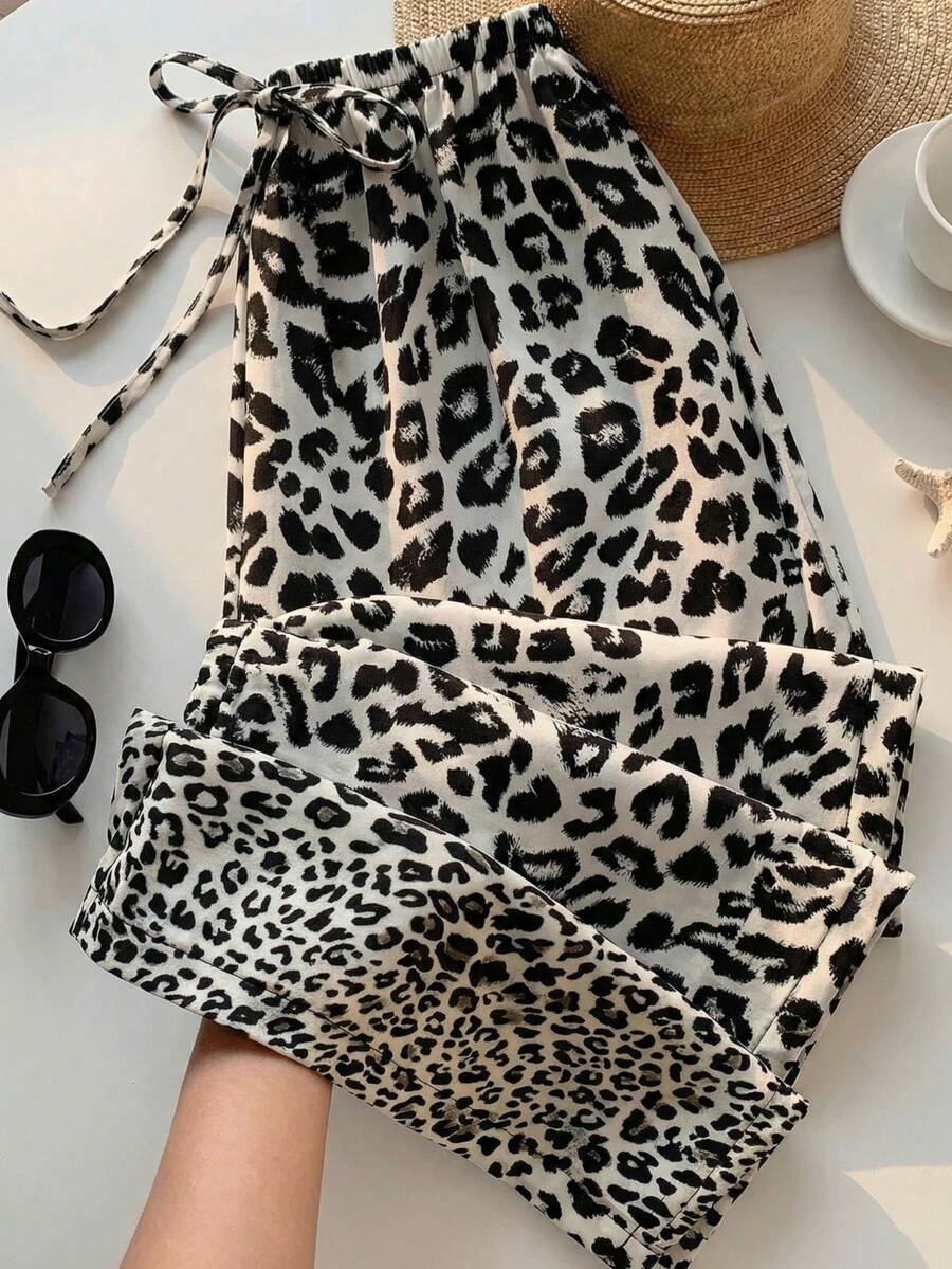 SHEIN EZwear 女士白色豹纹抽绳裤 - 白色 - 查看 1