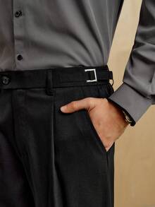Manfinity Homme 男士纯色褶皱口袋直筒休闲裤男士黑色正装裤男士修身正装裤，秋季 - 黑色 - 查看 2
