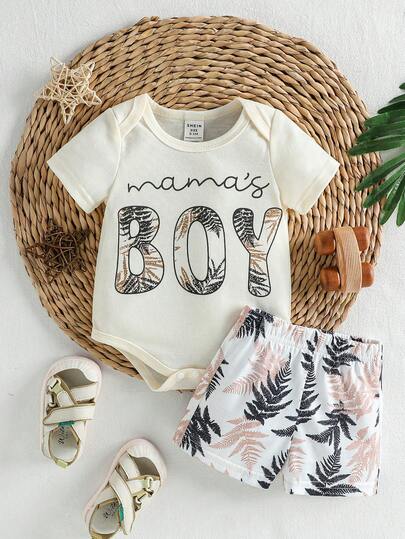 SHEIN Playful Pals 男女通用婴儿幼儿0-3岁热带树叶印花连体衣套装，宽松版型，适合外出、休闲和运动，婴儿夏季服装