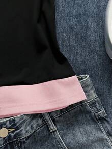 Attitoon Women's Casual Minimalist Black & Pink Contrast Retro Car Graphic Short Sleeve T-Shirt, Suitable For Summer,Pink Top - Pink - View 3