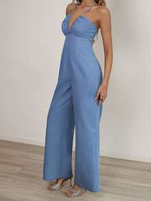 Sunnyshic Bộ jumpsuit denim nữ ống rộng, cổ yếm, thích hợp cho kỳ nghỉ, phong cách thường ngày. - Màu xanh lam - Xem 3