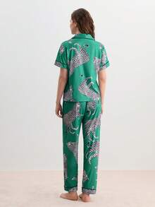 Bộ đồ ngủ nữ in họa tiết da báo, có áo ngắn tay cổ bẻ và quần vừa vặn, quần áo ngủ nữ giải trí và đồ mặc đi nhà - Màu xanh Cadet - Xem 2