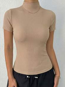 DAZY Women's Solid Color Short Sleeve Turtleneck Fitted Undershirt - Khaki - View 2