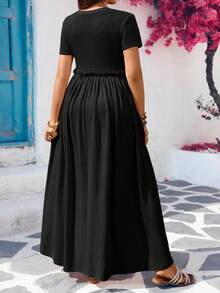 SHEIN Maternity Casual Solid Color Short Sleeve Dress - Black - View 2