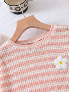 SHEIN LMoss Kids 2pcs Young Girl Knitted Solid Color Round Neck Loose T-Shirt And Fitted Shorts Set - Pink - View 4