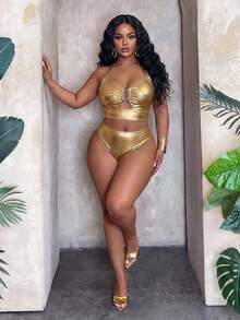 Slaydiva Conjunto de traje de baño para mujer de talla grande con tela de lámina de oro, Primavera/Verano 2026 - Dorado - Ver 3