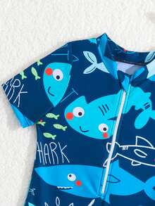 Baby Boy Cartoon Shark Printed Summer Half Zip One-Piece Swimsuit  Getaway,Holiday,Travel,Relax,Summer,Holiday - Multicolor - View 3