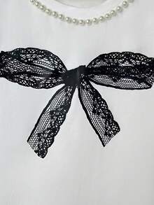 INAWLY Blusa casual de cuello redondo con lazo y decoración de perlas falsas, versátil para uso diario - Blanco - Ver 6