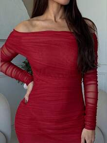 Milla Jasmine 女用褶皺設計露肩長袖修身連身裙 - 酒紅色 - 查看 3