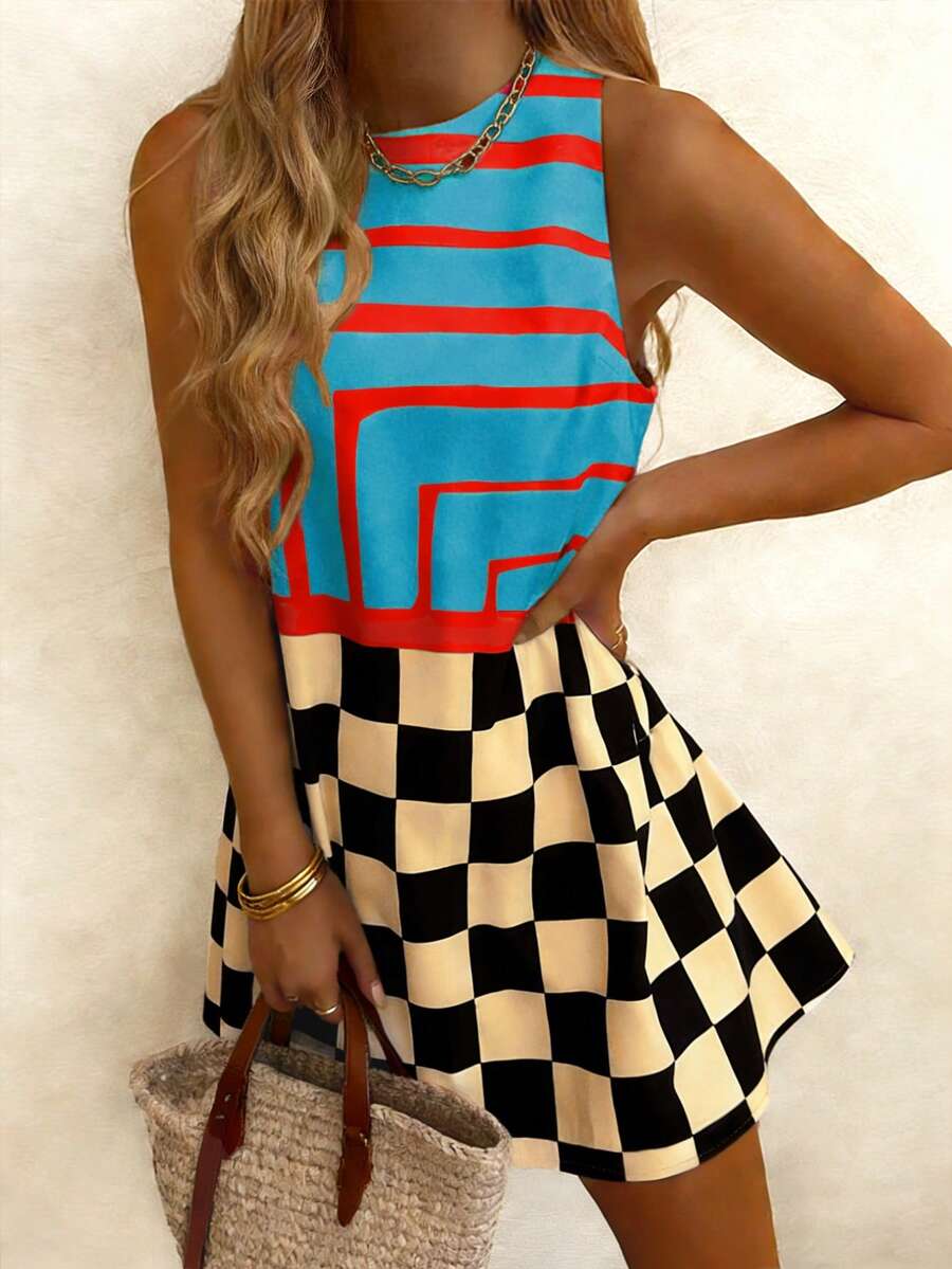 Vaclyn Gaun Tanpa Lengan Wanita dengan Motif Blok Warna, Garis-garis, dan Kotak-kotak - MultiWarna - View 1