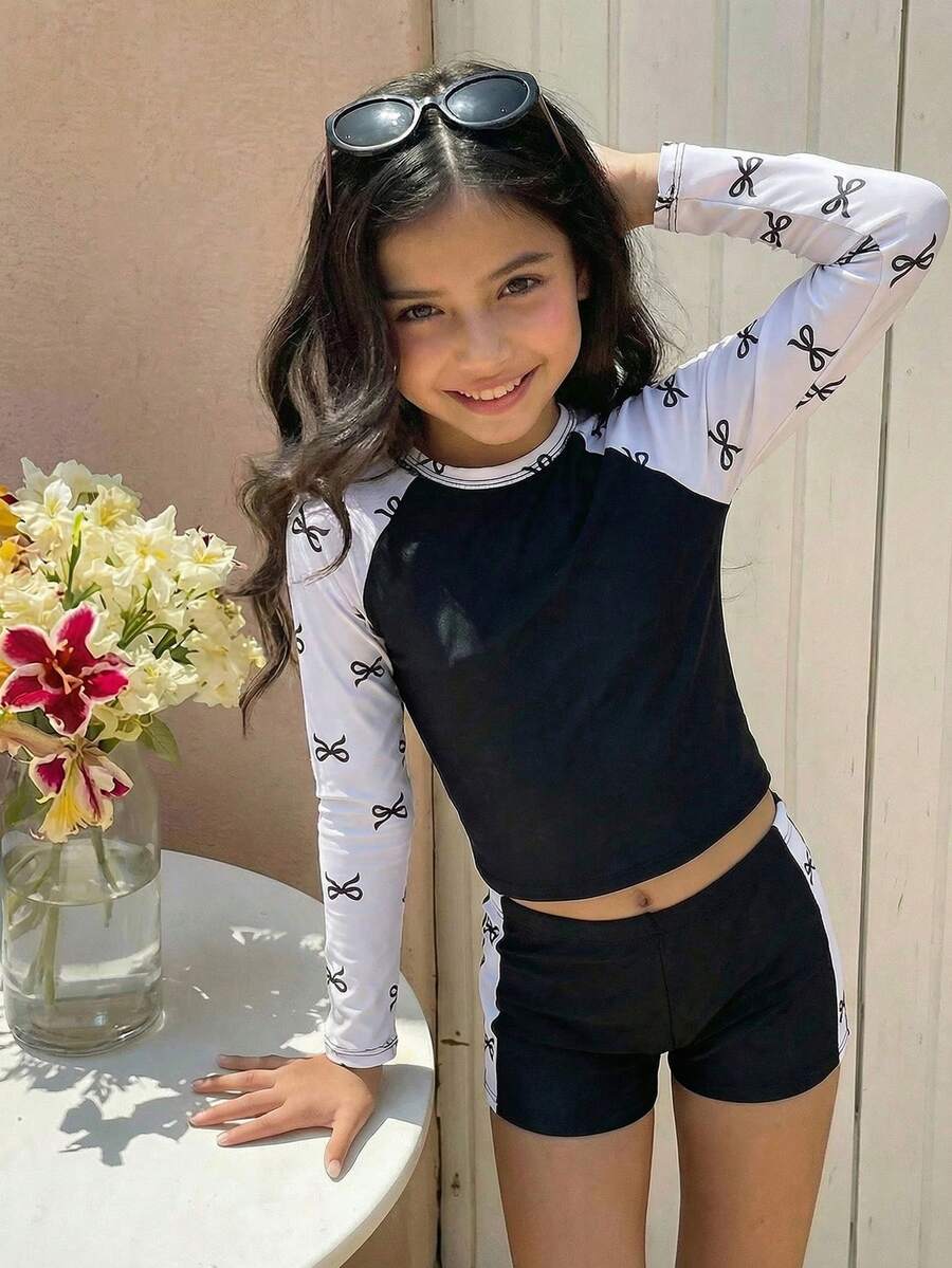 SHEIN Tween Girl Raglan Sleeve Tropical Plant Print Top And Shorts Swimsuit Set - Black and White - View 1