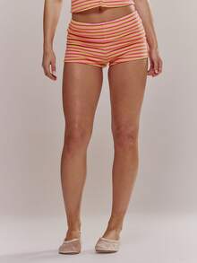 MUSERA Striped Fleece Towelling Low Rise Fitted Micro Shorts Hotpants Only Spring Summer Cute Girly Holiday Vacation Beach Everyday Casual Sorbet - Multicolor - View 2