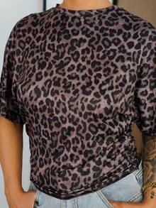 SAYEHFBABY 女式春冬 Y2K 休闲粗针织豹纹迷你 T 恤，修身款 - 咖啡棕 - 查看 3