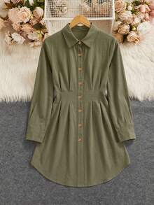 SHEIN Clasi 女士休闲度假开襟衬衫裙，100% 棉 - 軍綠色 - 查看 3