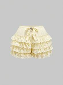 ROMWE Kawaii Plus Size Palace Romantic 3D Diamond Pendant Butterfly Ruffle Layered Lace Hem Harem Shorts - Apricot - View 5