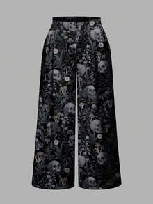 ROMWE Goth Pantalones de talla grande para mujer con estampado de calavera gótica oscura, bruja y hojas misteriosas - Negro - Ver 5