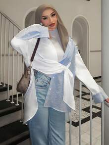 Solavon Áo sơ mi dáng rộng kẻ sọc phối màu thiết kế mới, phong cách thường ngày. - Xanh và trắng - Xem 6