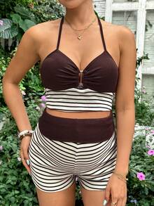 SHEIN Maternity Striped Ruched Halter Neck Tank Top And Adjustable Waist Shorts Casual 2-Piece Set Casual Beach Fashion - Brown - View 4