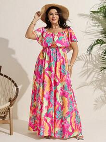 Comfylo Plus Size Women's Leopard Print Off-Shoulder Ruffle Waist A-Line Maxi Dress, Tropical Romantic Casual Western Maxi Dress - Multicolor - View 6