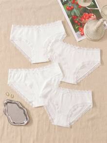 SHEIN 4 cái/gói quần lót bé gái đi học tuổi teen dễ thương mùa hè, viền ren, trang trí nơ, cạp chun, phối màu đa sắc, vải polyester thoáng khí cho bé trai - Nhiều màu - Xem 5