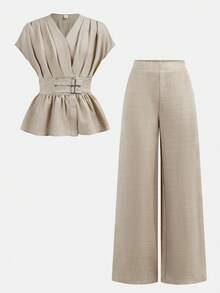 Firerie Kids 2pcs Tween Girls Waist Cinching Top + Loose Pants Set, Formal & Casual Matching Outfit - Khaki - View 11