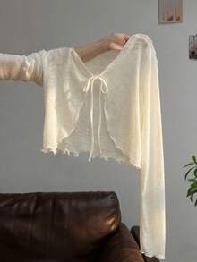 Resyla Blusa corta casual con borde de lechuga y lazo delantero - Albaricoque - Ver 1
