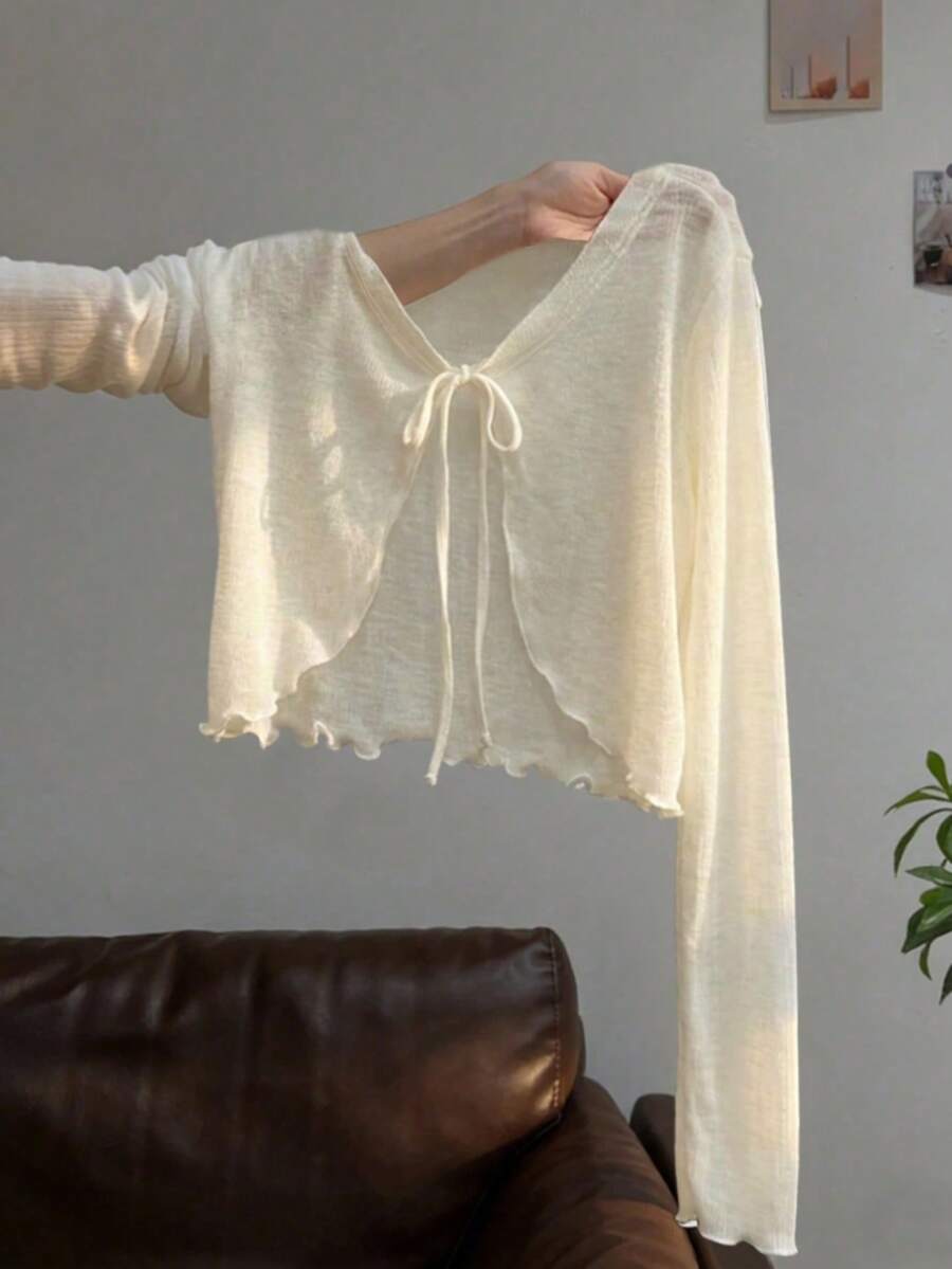 Resyla Blusa corta casual con borde de lechuga y lazo delantero - Albaricoque - Ver 1