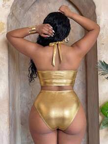 Slaydiva Conjunto de traje de baño para mujer de talla grande con tela de lámina de oro, Primavera/Verano 2026 - Dorado - Ver 2