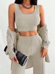 SHEIN Petite Size Women Casual 3pcs/Set Apricot Solid Color Drop Shoulder Long Sleeve Shirt, Crop Top And High Waist Pants Set For Spring/Summer - Apricot - View 4