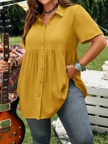 EMERY ROSE Zanzea Plus Size Short Sleeve Mustard Yellow Button-Up Shirt, Casual Summer Boho Hiking Vacation Blouse For Women With Longer Back, Festival - Yellow - View 7