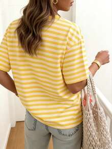 Striped Round Neck Casual Short Sleeved T-Shirt,Women's T-Shirt, Summer - Yellow - View 2
