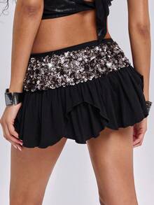 ROMWE Summer Y2K Rave Music Festival Outfit, Patchwork Sequin Asymmetrical Hem Mini Skirt - Black - View 6