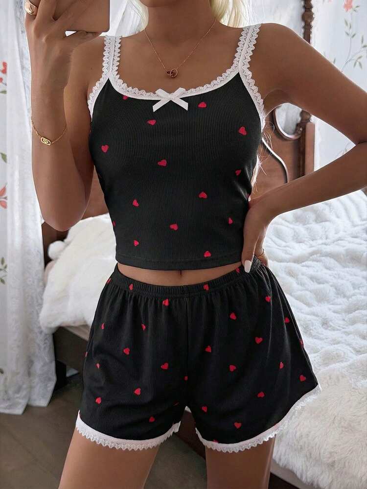 Women's Pink Heart & Ribbed Lace Silk Camisole Shorts Pajama Set - Black - View 6
