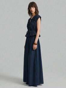 Ontre 2026春夏女士两件套，商务休闲复古高贵优雅百搭，藏蓝色纯色上衣和裙子休闲套装，适合毕业典礼等场合。 - 藏蓝色 - 查看 4