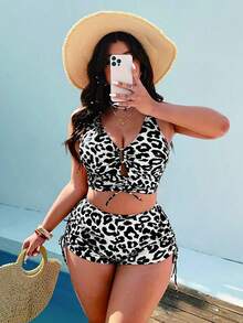 Swim Vcay Plus Size Women Leopard Print 2pcs Set, Thick Strap Top And Drawstring Shorts Bikini Swimwear - Multicolor - View 1
