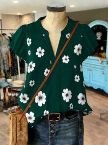 SHEIN JORESS Elegant French Floral Print V-Neck Linen Blend Ruffle Sleeve Blouse, Suitable For Commute, Casual, Vacation, Plus Size - Dark Green - View 3