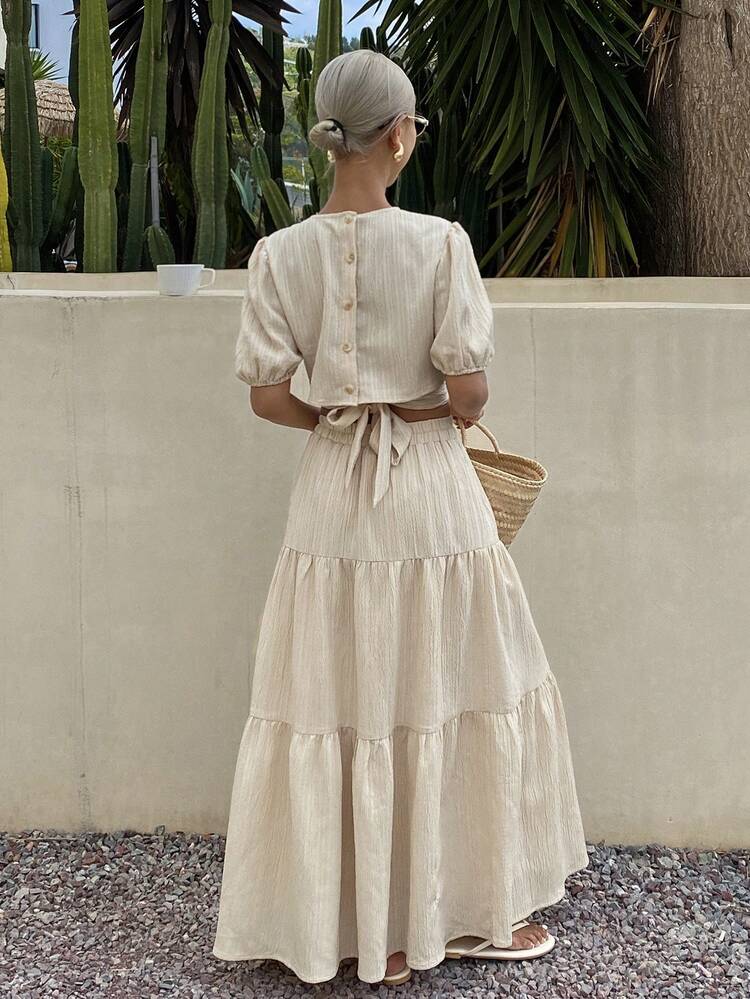 Women's Casual Loose Vacation Style Short Shirt And Long Skirt 2 Pieces Set, Spring/Summer