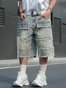 Manfinity EMRG 男士休闲街头风多口袋做旧蓝色阔腿牛仔短裤 - 淺色水洗藍 - 查看 4
