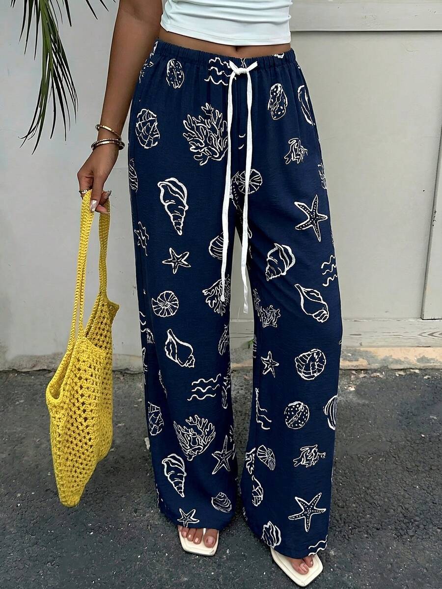 Aloruh 新款浪漫条纹泡泡褶皱印花可爱卡通舒适百搭裤 - 藍色 - 查看 1