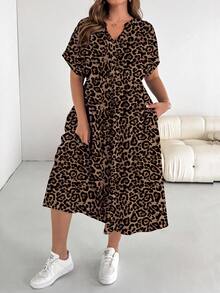 SHEIN CURVE+ Plus Size Casual Vacation Leopard Print Short Sleeve Dress, Coffee Color - Multicolor - View 5