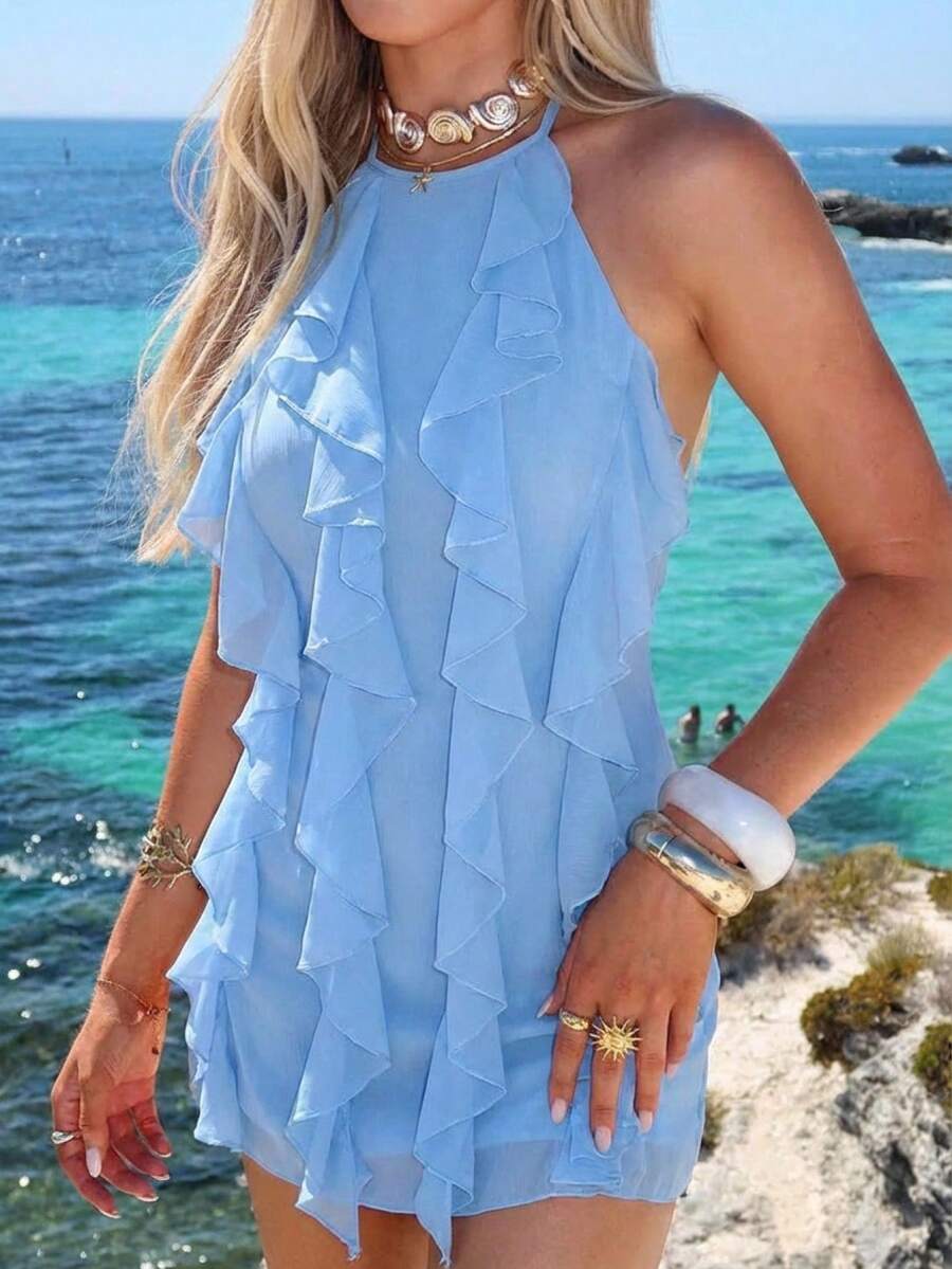 Aloruh 女士纯色荷叶边露背短裙 - 淺藍色 - 查看 1