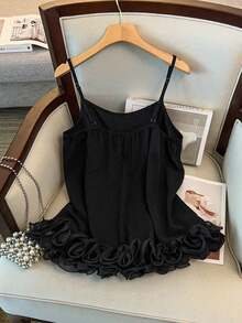 GlowEve CURVE Canotta da donna elegante e tagliata in vita, con orlo in tessuto, patchwork, volant e decorazioni floreali, adatta per lauree, vacanze, San Valentino, festival musicali, festa della mamma, Ognissanti, Ringraziamento, Pasqua, feste nazionali, gala, appuntamenti, feste, matrimoni, attività all'aperto - nero - Visualizzare 3