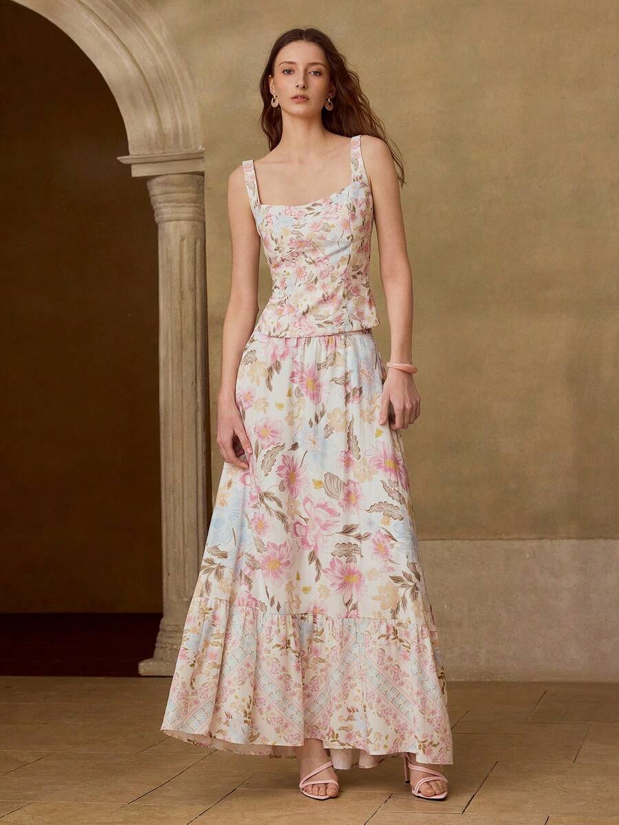 MOTF PREMIUM WOMEN'S LINEN PRINTED A-LINE SKIRT, SPRING/SUMMER - Apricot - View 1
