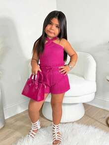 Young Girl Vacation Fuchsia Texture Halter Top And Shorts Set - Hot Pink - View 2