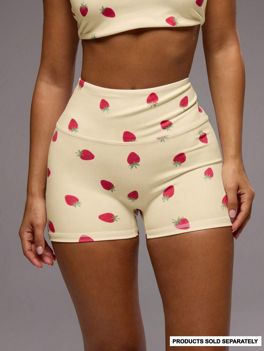 Musera Sport Strawberry High Waist Active Shorts Only Active Workout Gym Cute Pilates Fitness Daily Girly Casual Print - Butter Yellow - View 1