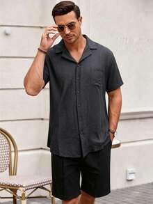 Conjunto de Camisa de Lino de manga Cortapara hombre - Negro - Ver 2