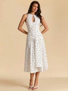SHEIN BAE Đầm ôm sát không tay chấm bi đen trắng, thích hợp cho khách dự đám cưới, kỳ nghỉ biển, kiểu dáng thanh lịch. - trắng - Xem 6