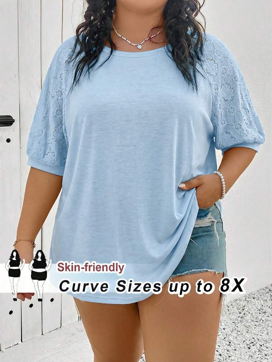 SHEIN CURVE+ Atasan Wanita Ukuran Besar dengan Kombinasi Bahan Berbeda, Kaos Putih - Baby Blue - View 1