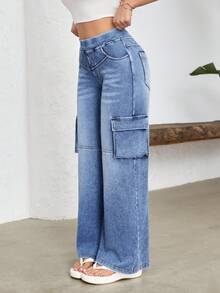 SHEIN Unity 女士休闲水洗直筒工装牛仔裤 - 藍色 - 查看 5