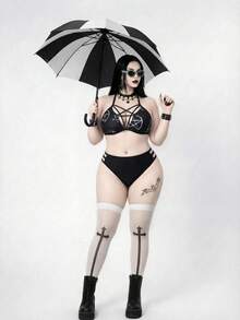 ROMWE Goth Bộ bikini phong cách tối màu mới năm 2026 | Thiết kế dây chéo phía trước bắt mắt hơn | Họa tiết hình học/biểu tượng cá tính | Áo tắm cạp cao với đường cắt khoét bên hông giúp kéo dài chân | Hiệu ứng quấn quanh eo giúp thon gọn | Bộ đồ bơi phong cách punk cho bãi biển, hồ bơi và tiệc tùng. - màu đen - Xem 5